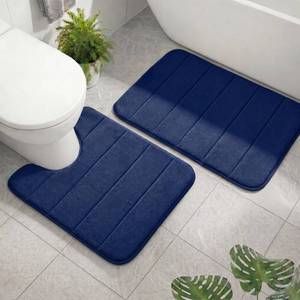 lot 9133 image: AINAHYVA 2 Piece Memory Foam Bath Mat Set, Extra Soft Absorbent Bathroom Rugs with U-Shaped Toilet Rug, Non-Slip Backing, Machine Washable, 24x16  20x20 U-Shaped, Navy Blue