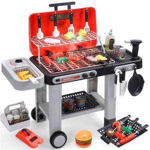 lot 9156 image: CUTE STONE Kids BBQ Grill Toys, Color Changing Play Food, Sizzling Sound & Light Effects, Cool Mist Spray, Pretend Cooking with Frying & Grilling, 2-Tier BBQ on Wheels - Kitchen Toy, Birthday Gift