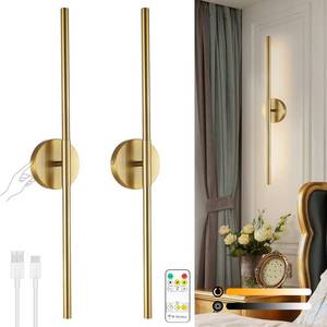 lot 9187 image: HOJOYRI Wireless Battery Operated Wall Sconces with Remote, Gold Rechargeable Led Wall Lights Set of Two, Cordless Dimmable Battery Powered Wall Lamp Decor for Bedroom Living Room, 3 Color, 28 Inch
