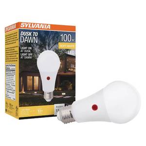 lot 10181 image: Sylvania Dusk to Dawn A21 LED Light Bulb with Auto OnOff Light Sensor, 100W13W, 1500 Lumens, 2700K, Soft White - 1 Pack (41290)