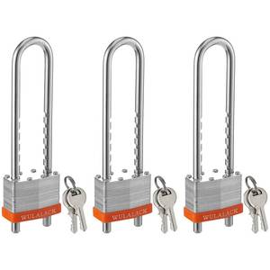 lot 10201 image: Locks with Keys, WULALACK 2 inch Wide Laminated Steel Keyed Padlock with Adjustable Shackle, Long Padlocks with Same Key,3 Pack