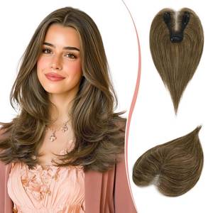 lot 10258 image: RUWISS Hair Toppers for Women Real Human Hair Lightweight Clip in Hairpiece for Thinning Hair Fluffy Straight, Brown with Blonde Highlights