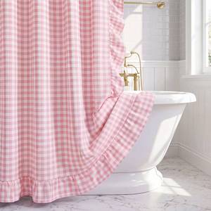 lot 13224 image: CrystalSylara Pink Gingham Ruffled Edge Shower Curtain 72 x 72 Inch