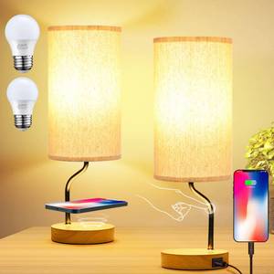 lot 13236 image: TIMEGOA Set of 2 Bedside Table Lamps with Wireless Charger & USB Port, Cream
