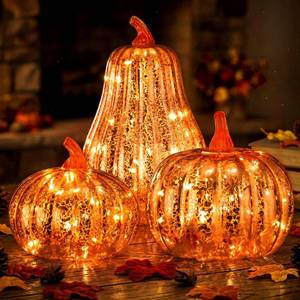 lot 13251 image: Huquary Glass Pumpkin Night Light 3 Pack, Mercury Glass, Orange, LED