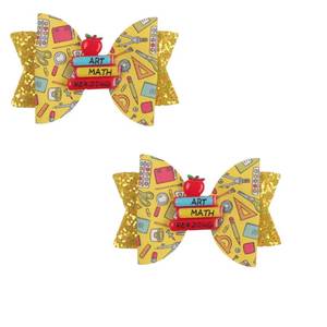 lot 14446 image: DIUEWOW Glitter Back To School Bow Hair Clips 2PCS 3.5in Alligator Barrettes
