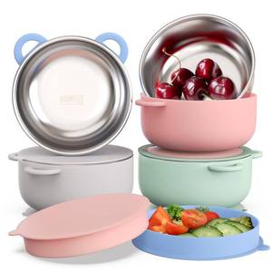 lot 17917 image: Bakpoco Stainless Steel Baby Suction Bowls with Lids 4-Pack, Sunrise Meadow