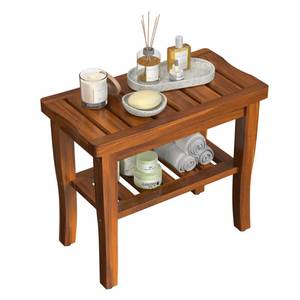 lot 17922 image: Greenual Teak Wood Shower Bench Stool with Storage Shelf Non-Slip Feet
