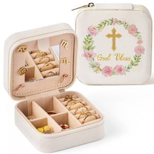 lot 18022 image: Belanttega Cross Floral Leather Travel Jewelry Box Organizer Case Pink Gold