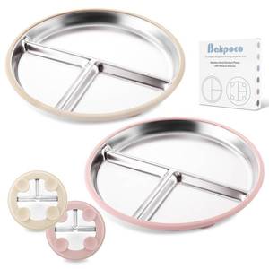 lot 18097 image: Bakpoco 9 Inch Stainless Steel Divided Toddler Plate with Removable Suction