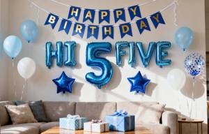 lot 18129 image: JumDaQQ 5th Birthday Decorations Boys Blue Hi Five Balloons Banner