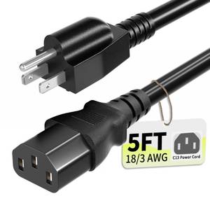 lot 18131 image: Vockjour Universal Power Cord 5 Ft NEMA 5-15P to C13 18AWG 10A 125V ETL Black