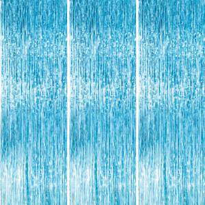 lot 18140 image: PartyWoo Light Blue Foil Fringe Curtain Backdrop 8.2 FT 3 Pack