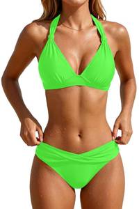 lot 20226 image: Yonique Two Piece Bikini Swimsuit Halter Push Up Criss Cross Neon Green Medium