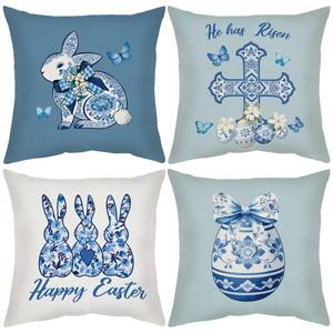 lot 20237 image: CRASHOT Easter Pillow Covers Set of 4 Blue Chinoiserie 18x18 Inch Pillow Cases