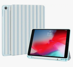 lot 18065 image: Light Blue and White Striped Tri-Fold Tablet Case with Clear Back Shell