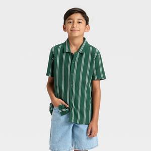 lot 20135 image: Cat & Jack Boys Vertical Striped Button-Down Shirt Dark GreenCream XS