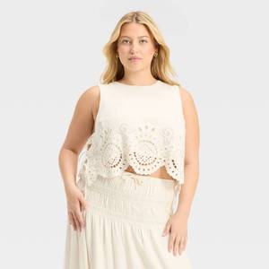 lot 20147 image: Future Collective Womens Embroidered Eyelet Side-Tie Tank Top Off-White 1X