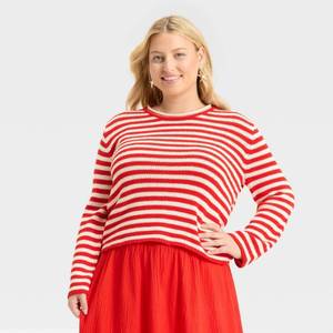 lot 20305 image: A New Day Womens Shrunken Crewneck Pullover Sweater RedWhite Striped 4X