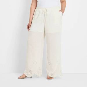 lot 20307 image: Future Collective Womens High-Rise Wide Leg Eyelet Pull-On Pants Cream 1X