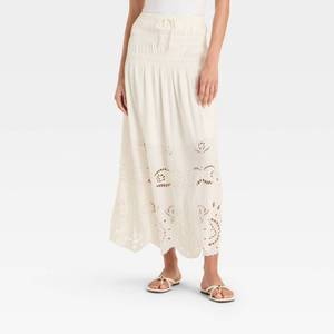lot 20338 image: Future Collective Womens High-Rise Embroidered Eyelet A-Line Skirt Cream L