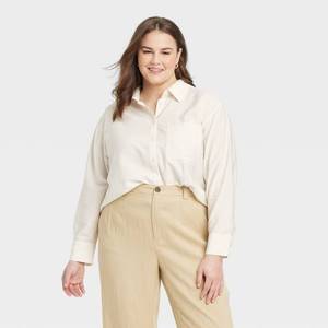 lot 20350 image: A New Day Womens Oversized Long Sleeve Crinkle Button-Down Shirt Cream XXL