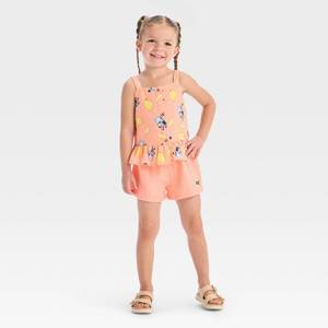 lot 20469 image: Bluey Toddler Girls 2pc Lemon Gauze Tank Top and Shorts Set Orange 3T 93723512