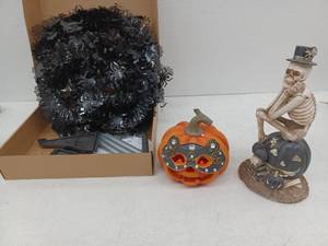 lot 12457 image: Halloween Decor Lot Black Spider Tinsel Tree, Cat Mask Pumpkin, Skeleton Figurine