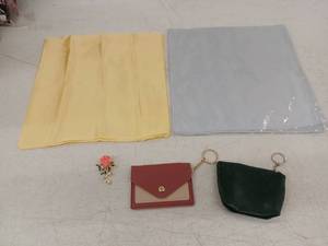 lot 12460 image: Lot of 2 Silk Scarves, Rose Brooch, Card Holder Keychain, and Coin Pouch
