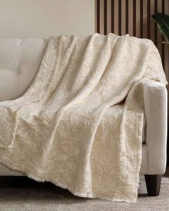 lot 12550 image: Cream and Tan Floral Jacquard Fringed Throw Blanket