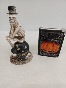 lot 12623 image: Resin Halloween Skeleton Top Hat Figurine & Happy Halloween Book Decor