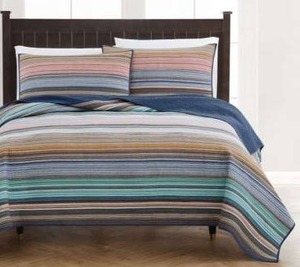 Retro Chic Queen 3-Piece Striped Quilt Set 100% Cotton w/ 2 Shams