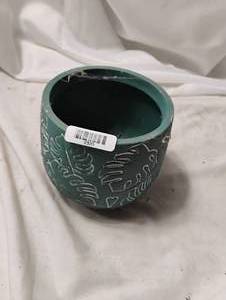 lot 2320 image: Blue Ceramic Pot White Engravings