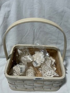 lot 2205 image: Wooden basket with Crochet Ornaments