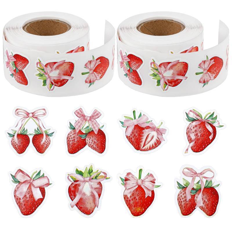 lot 9004 image: 2 Roll Strawberry Stickers, 1000pcs Pink Bow Strawberry Sticker,Coated Paper Fruit Stickers Roll for Reward Envelope Seal Label Scrapbook Decor Birthday Party Supplies