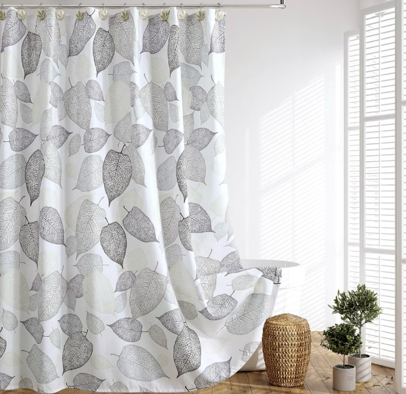 lot 15531 image: GASIYU Grey Hollow Leaf Shower Curtain, Minimalist White Botanical Foliage Fabric Bath Curtain, Contemporary Rustic Farmhouse Bathroom Decor
