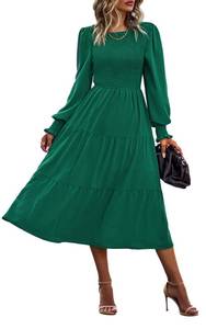 lot 15576 image: Ferrendo Womens 2026 Casual Long Sleeve Spring Fall Dress Crew Neck High Waist Tiered Smocked Flowy Midi Dresses Green XL
