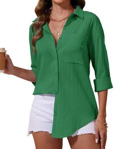 lot 15614 image: siliteelon Button Down Shirts for Women Casual Long Sleeve Dress Shirt Textured Collared Work Blouse with Pocket Green L