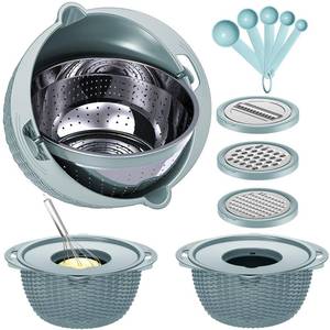 lot 43433 image: 4-1 Strainer with Bowl & Spoons Set - Strainers and Colanders(Patented) - Colanders for kitchen - Food Strainer with New Upgraded Graters & Spoons - Fruit Bowl for Pasta Fruits Veggie- Blue - Retail $28