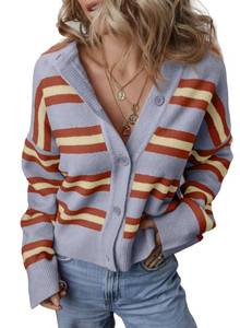 lot 43452 image: EVALESS Womens Sweaters  Fashion Trendy Fall Oversized Lightweight Cropped Chunky Knit Striped Open Front Cardigans Long Sleeve Loose Fit Clothes,Rose Stripe Large