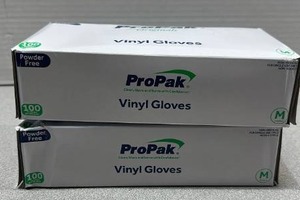 lot 9549 image: ProPak Vinyl Gloves Powder Free Medium 100 Count Box Lot of 2 (100 ct per box)