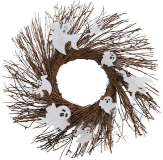 lot 9221 image: Haunted Hill Farm 20-in Pre-lit Battery-operated Brown Ghost Wreath