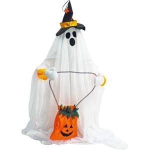 lot 9258 image: Haunted Hill Farm Friendly Ghost Halloween Animatronic with Touch Activated Lights and Music, Battery Operated Indoor or Covered Outdoor Halloween Decorations, Cute and Modern Halloween Props for Home - Retail $31