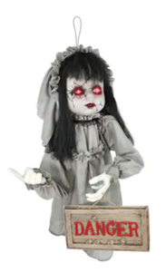 lot 9270 image: Haunted hill farm Halloween Animatronic Doll with DANGER Sign, Battery Operated, Touch Activated