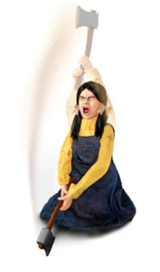 lot 9279 image: Haunted Hill Farm Motion and Sound Activated Animatronic Girl with Axe Prop, Speaks 2 Phrases