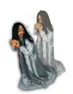 lot 9280 image: Haunted Hill Farm Rosemary by Tekky, Battery-Operated, Motion and Sound Activated Animatronic Demon Child with Sound Effects and Lights for Indoor or Covered Outdoor Creepy Halloween Decoration - Retail $50