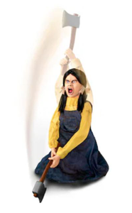 lot 9281 image: Haunted Hill Farm Motion and Sound Activated Animatronic Girl with Axe Prop, Speaks 2 Phrases