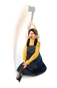 lot 9283 image: Haunted Hill Farm Motion and Sound Activated Animatronic Girl with Axe Prop, Speaks 2 Phrases