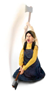 lot 9284 image: Haunted Hill Farm Motion and Sound Activated Animatronic Girl with Axe Prop, Speaks 2 Phrases