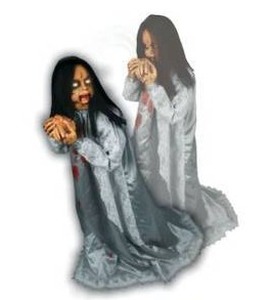 lot 9285 image: Haunted Hill Farm Rosemary by Tekky, Battery-Operated, Motion and Sound Activated Animatronic Demon Child with Sound Effects and Lights for Indoor or Covered Outdoor Creepy Halloween Decoration - Retail $50